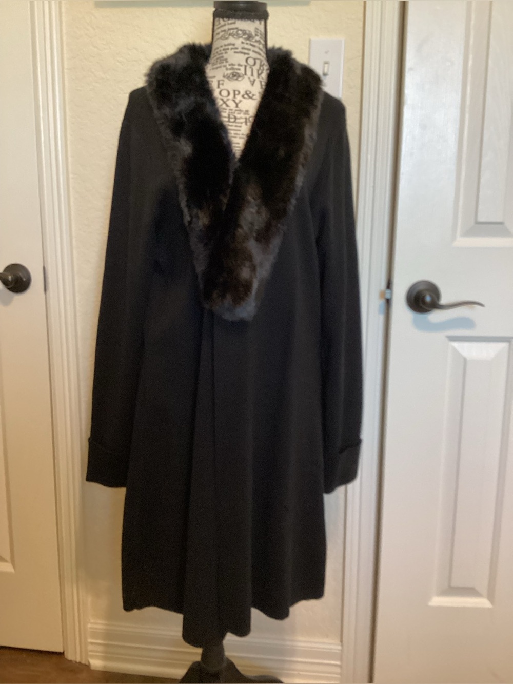 CAbi Black Trench Coat with Plush Fur Collar
